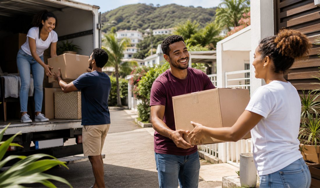 Des bénévoles déchargent un camion et se passent des cartons devant une maison, montagnes en arrière-plan.