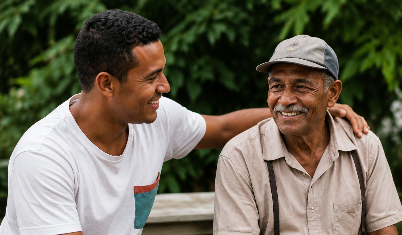 Deux hommes de générations différentes, souriants, la main sur l'épaule.
